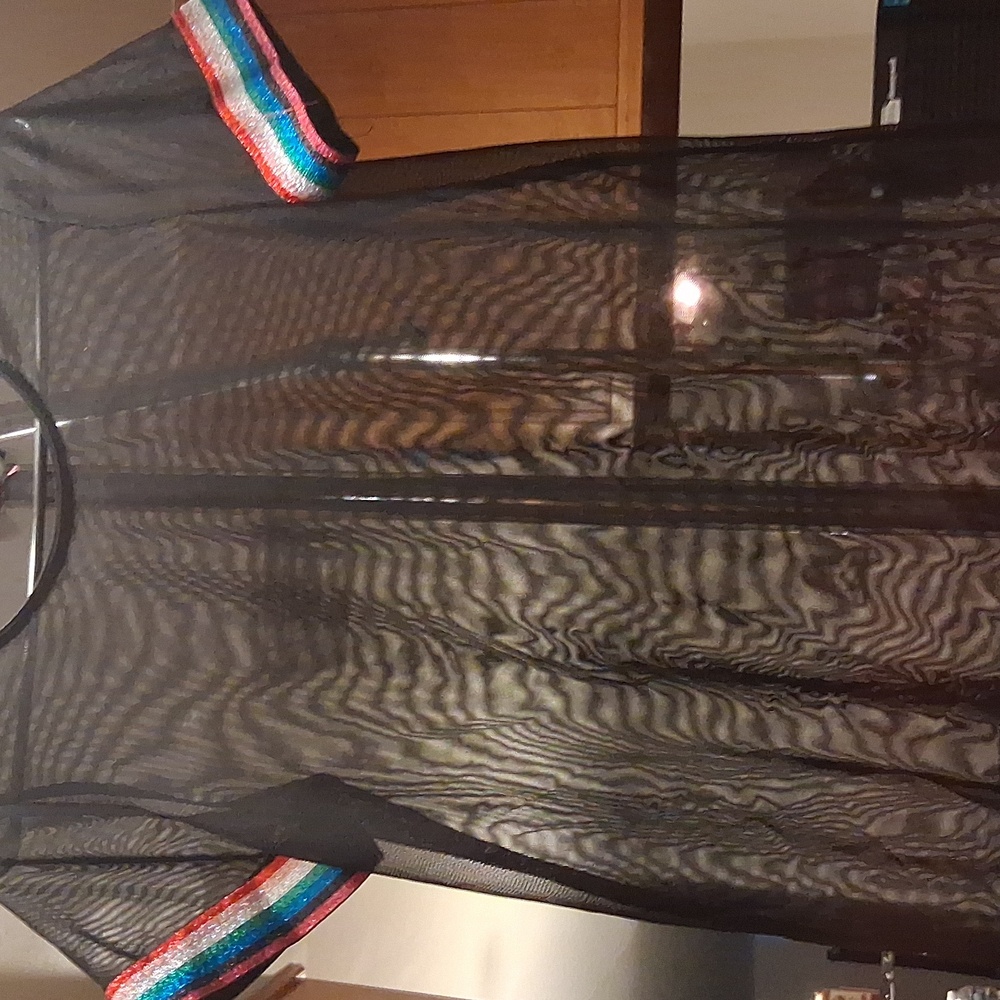 NWT DISCREET Black Sheer Top with Colorful Striped Sleeves - Picture 2 of 3